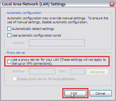 Tools - Internet Options - Connections - LAN Settings