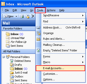 In Outlook 2003, go to Tools on the top bar and select E-mail Accounts.