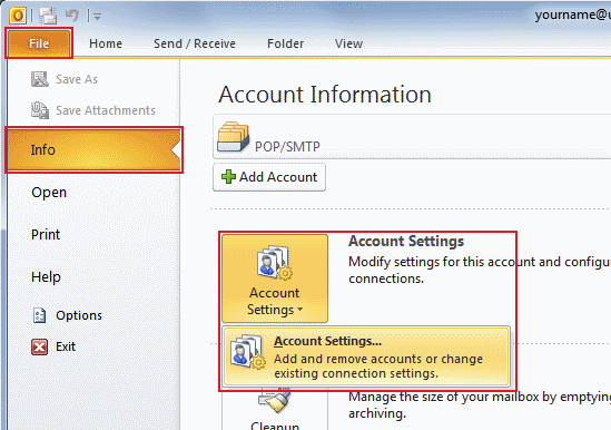 In Outlook 2010, go to the File tab, make sure Info is selected from the left menu and select Account Settings.
