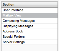 Main webmail settings menu